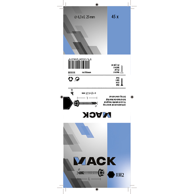 Mack 1018088 – selbstbohrende Sechskantschraube. Kopf verzinkt. 45 Stück 6,3 x 25 mm | 5 Stück