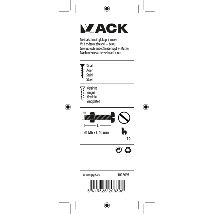 Mack 1018097 - Metallschraubzyl. Kopf + Mutter plattiert 16 Stück M6 x 40 mm | 5 Stück