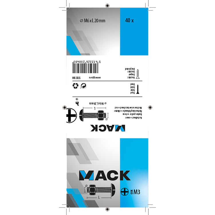 Mack 1018100 – Heizungsschraube + Mutter aus verzinktem Stahl, 40 Stück, M6 x 20 mm | 5 Stück