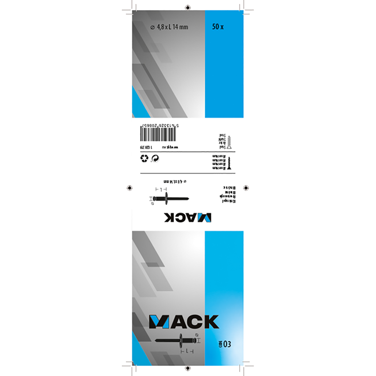 Mack 1020319 – 50 Blindklammern, Aluminium, breiter Kopf, 4,8 x 14 mm | 3 Stück