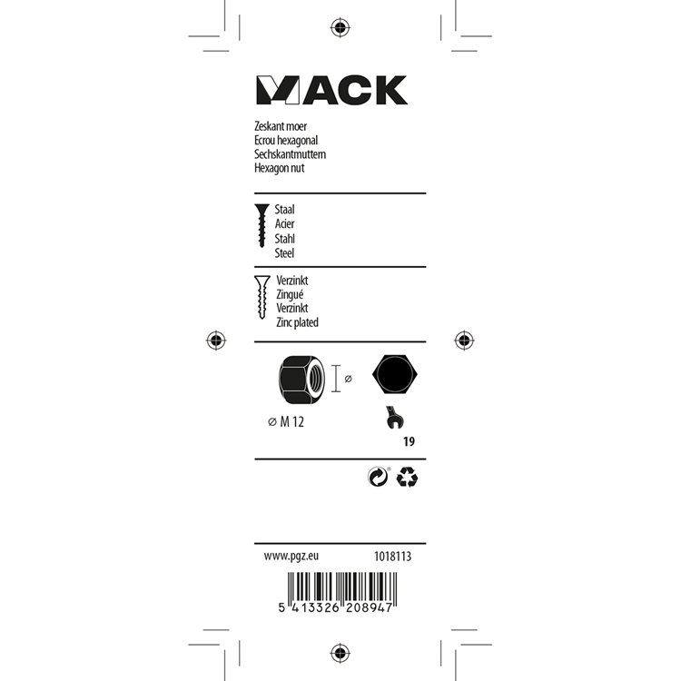 Mack 1018113 - Sechskantmutter Stahl verzinkt 12 Stück M 12 | 5 Stück