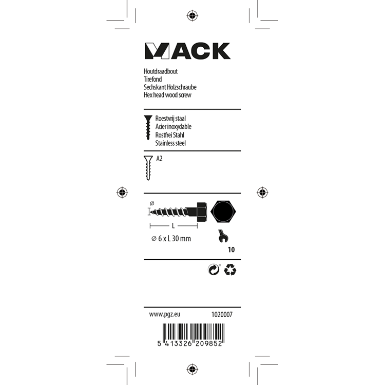 Mack 1020007 - Holzgewindebolzen Edelstahl 18 Stück 6 x 30 mm | 5 Stück