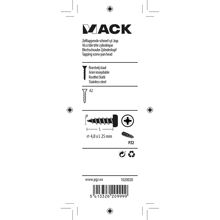 Mack 1020020 – selbstschneidende Schraube Zylinderkopf A2 25 Stück 4,8 x 25 mm | 5 Stück