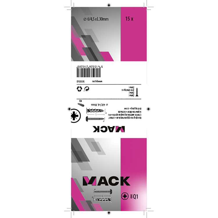 Mack 1018161 – Bohrdübel für Gipskarton + Schraube. Zamak 15 Stück 6 x 38 mm | 5 Stück