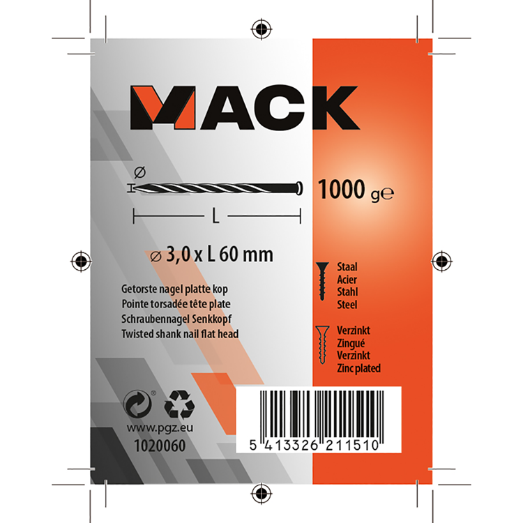 Mack 1020060 – gedrehter Nagel mit flachem Kopf VZ 1000 gr 3,0 x 60 mm | 10 Stück