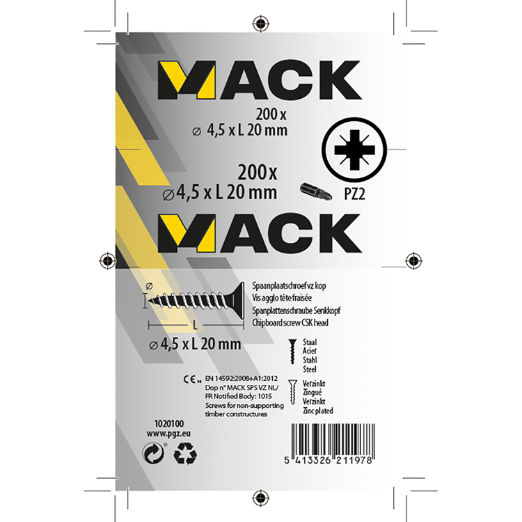Mack 1020100 - Spanplattenschraube mit Kopf gelb mit 200 Stück 4,5 x 20 mm | 5 Stück