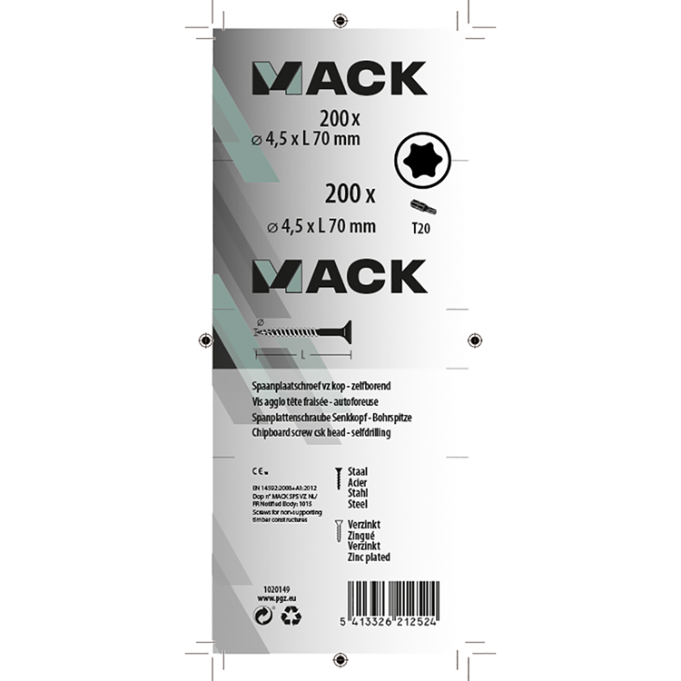Mack 1020149 – Spanplattenschraube VZ KP-SelbstsicherndGVZ 200 Stück 4,5 x 70 mm | 2 Stk