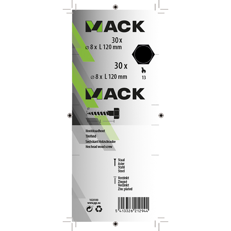 Mack 1020180 - Holzgewindebolzen verzinkt 30 Stück 8 x 120 mm | 3 Stück