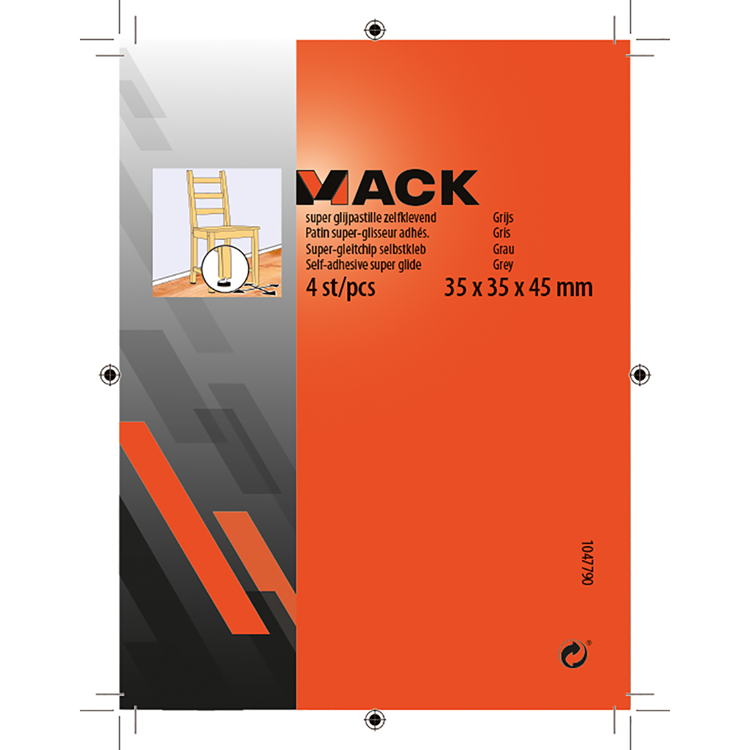 Mack 1047790 - Super-Gleitpastille selbstklebend grau 35x35x45 mm 4 Stück | 12 Stück