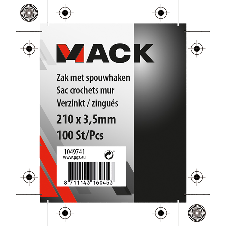 Mack 1049741 - Beutel mit 100 Stück. Hohlraumhaken verzinkt 210 x 3,5 | 5 Stück
