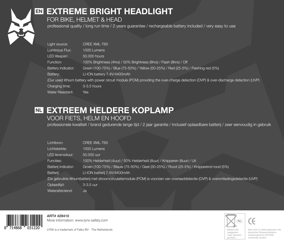 Lynx pro Stirnlampe extrem 1000 Lumen wiederaufladbar