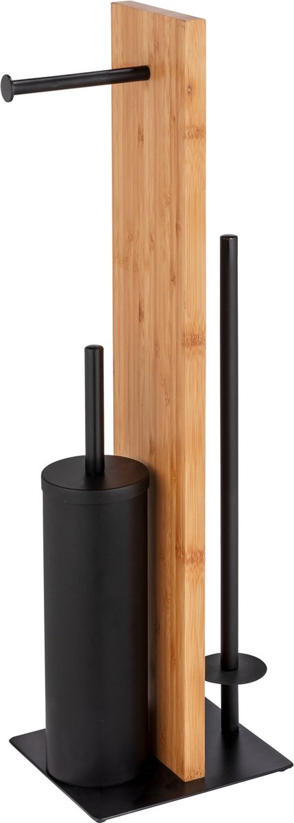 Wenko Toilettenbutler Lesina Schwarz und Bambus – FSC-Holz – Toilettenbürste mit Halter, Toilettenpapierhalter und Ersatzrollenhalter freistehend
