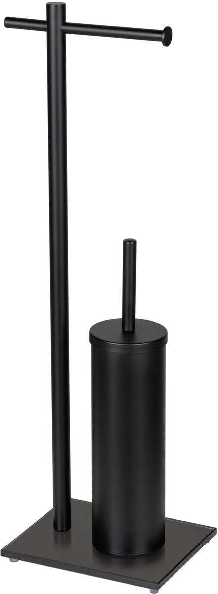 Wenko Toilettenbutler Resera aus schwarz-mattem Stahl und schwarzem Glas – Toilettenbürste mit Halter und Toilettenpapierhalter freistehend
