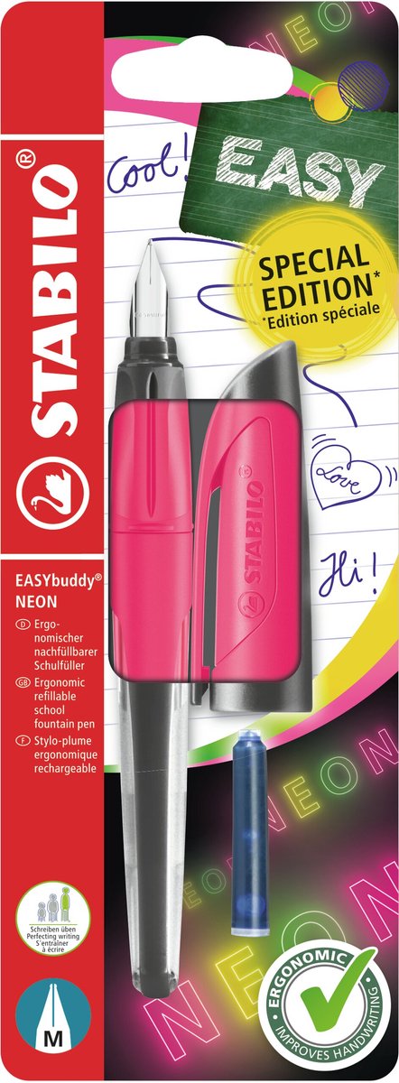 Stabilo easybuddy neon - Ergonomischer Füllfederhalter - Pink - Standard-M-Feder für Rechtshänder