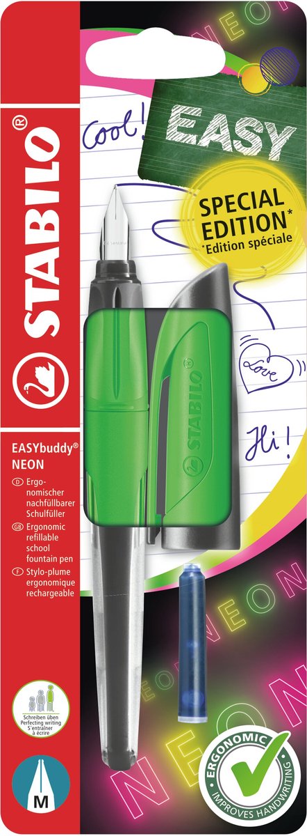 Stabilo easybuddy neon – ergonomischer Füllfederhalter – grün – Standard-M-Feder für Rechtshänder