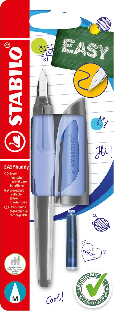 Stabilo easybuddy pastell – ergonomischer Füllfederhalter – hellblau – Standard-M-Feder für Rechtshänder