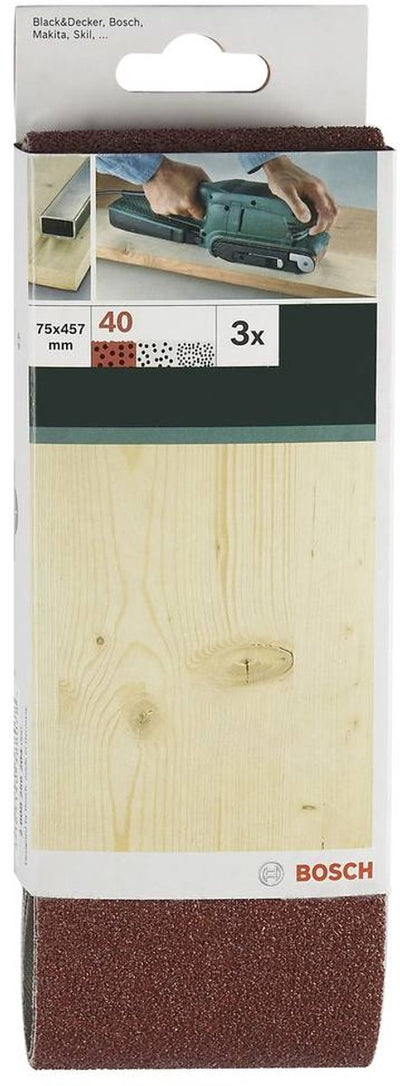 Bosch - 3-teiliges Schleifband-Set für Bandschleifer, rote Qualität 40, ungelocht, gespannt
