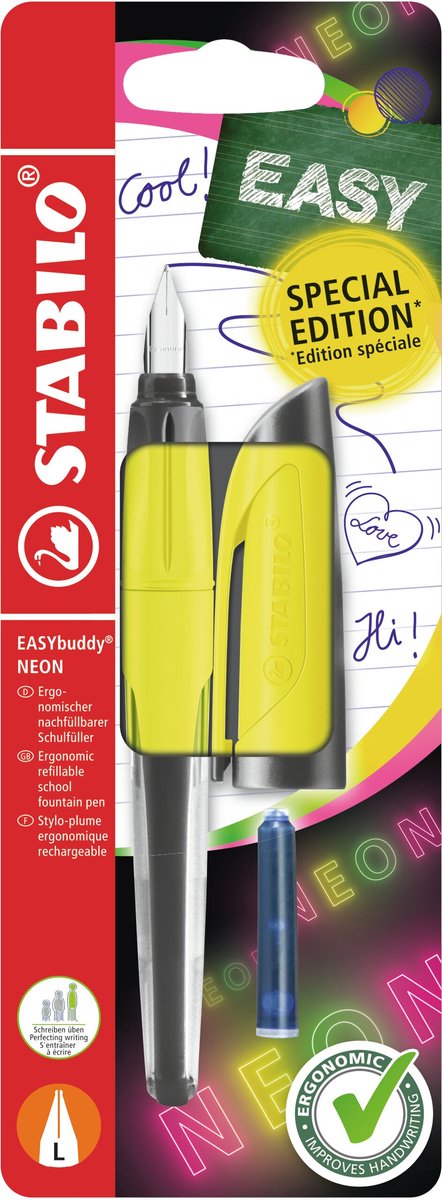 Stabilo easybuddy neon - ergonomischer Füllfederhalter - gelb - L-Feder für Linkshänder