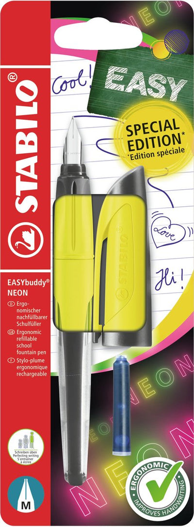 Stabilo easybuddy neon – ergonomischer Füllfederhalter – gelb – Standard-M-Feder für Rechtshänder