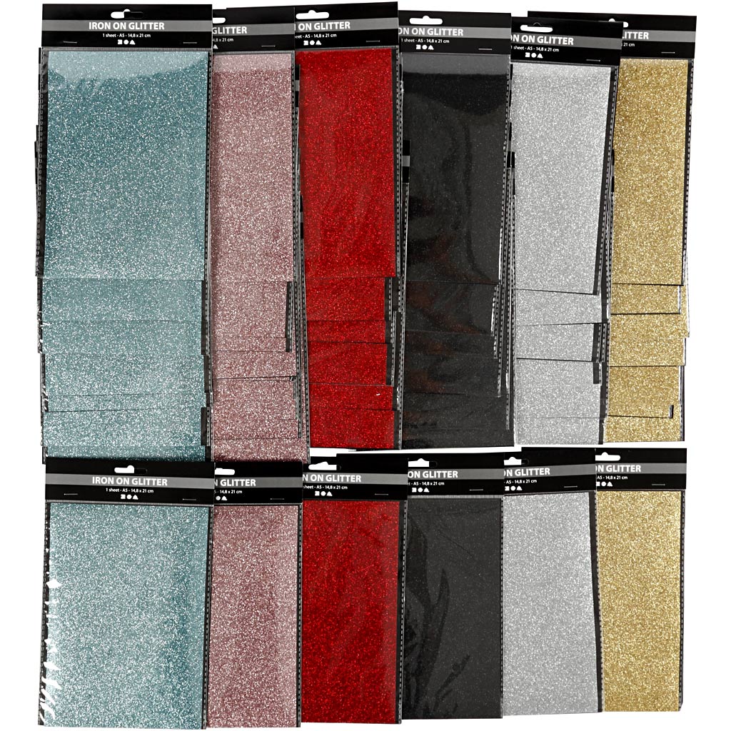 Creativ Company Bügelfolie, Blatt 148x210 mm, Glitzer, verschiedene Farben, 6x10 Blatt 1 Karton