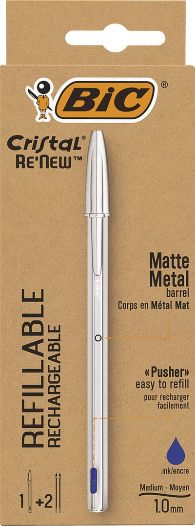Bic Kugelschreiber Cristal Re-New Medium Silber + 2 blaue Minen
