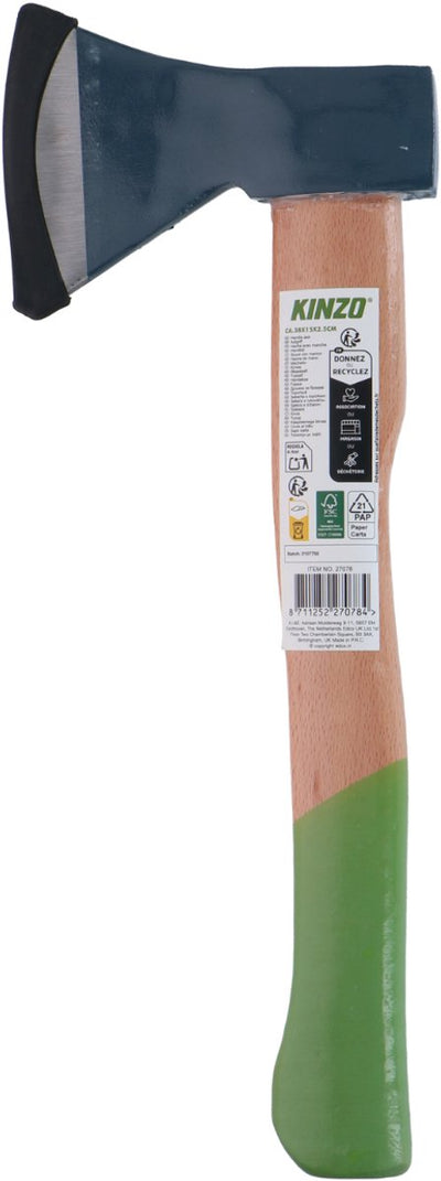 Kinzo Handaxt 38x15x2,5 cm – Axt mit FSC-Holzgriff und Stahlkopf – kleine Axt für Garten, Camping und Holzbearbeitung – FSC-Holz und recycelter Karton