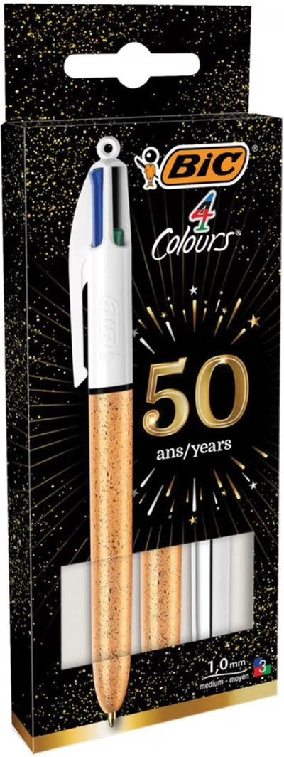 Bic 4-Farben-Kugelschreiber – verschiedene Schaftfarben – goldfarben mit Eismotiv und silberfarben – Packung mit 3 Stück – mittlere Spitze 1 mm