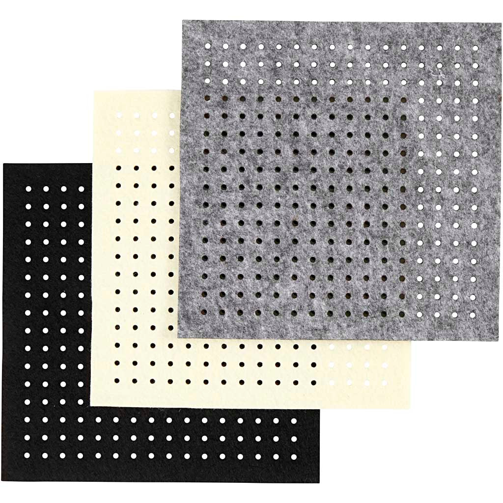 Creativ Company Hobbyfilz mit Löchern, Größe 20x20 cm, Stärke 3 mm, Schwarz, Grau, Cremeweiß, 3x4 Blatt 1 Karton