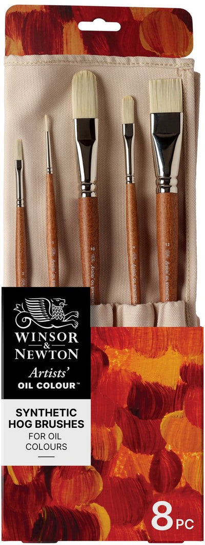 Winsor Newton 5010902 Artists Oil Synthetic Hog Brush Roll – 8 hochwertige synthetische Ölpinsel für professionelle Künstler (lang flach, flach hell, rund, Haselnuss, Lasur)