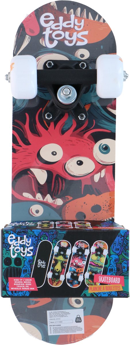 Eddy Toys Skateboard 43 cm – Skateboard für Kinder mit Holzbrett – Skateboard mit PP-Trucks und Rollen 50 x 30 mm – Skateboard für Freizeit-Skaten – 1 zufällige Variante