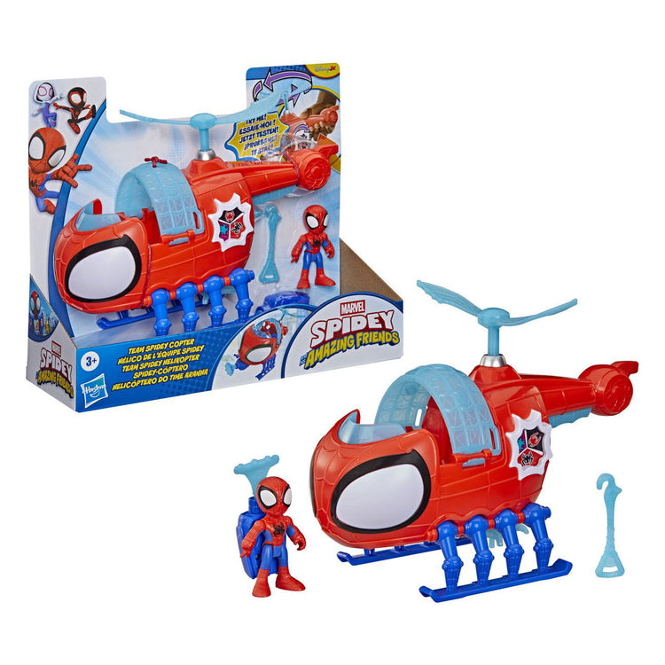 Hasbro Spielzeug-Spinnenhubschrauber mit Actionfigur und Zubehör.