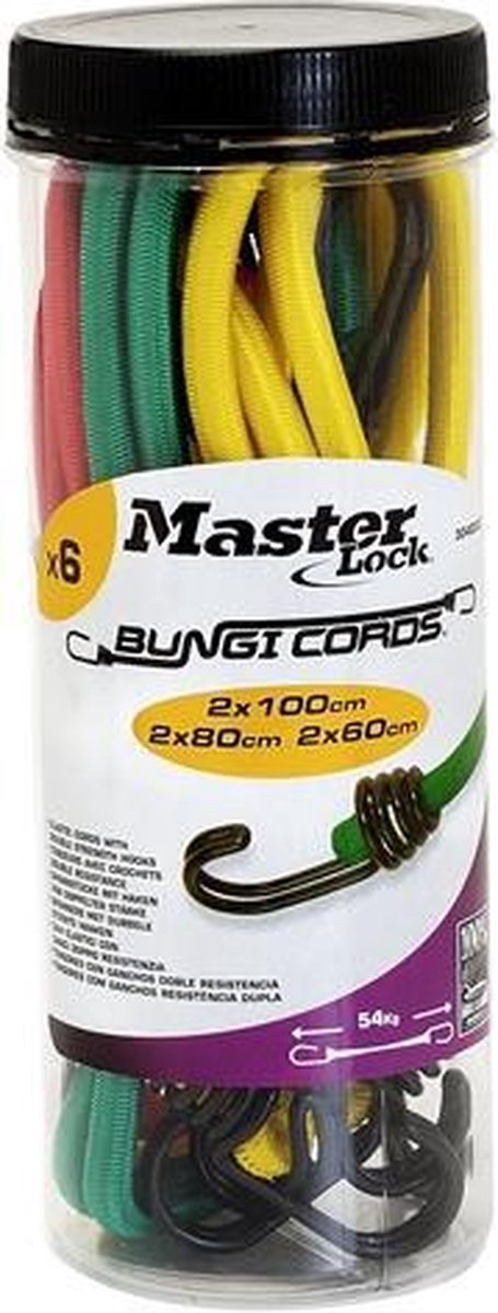 Masterlock-Behälter mit 12 Doppeldraht-Bungees (4*60+ 4*80+ 4*100) und doppeltem Umkehrhaken