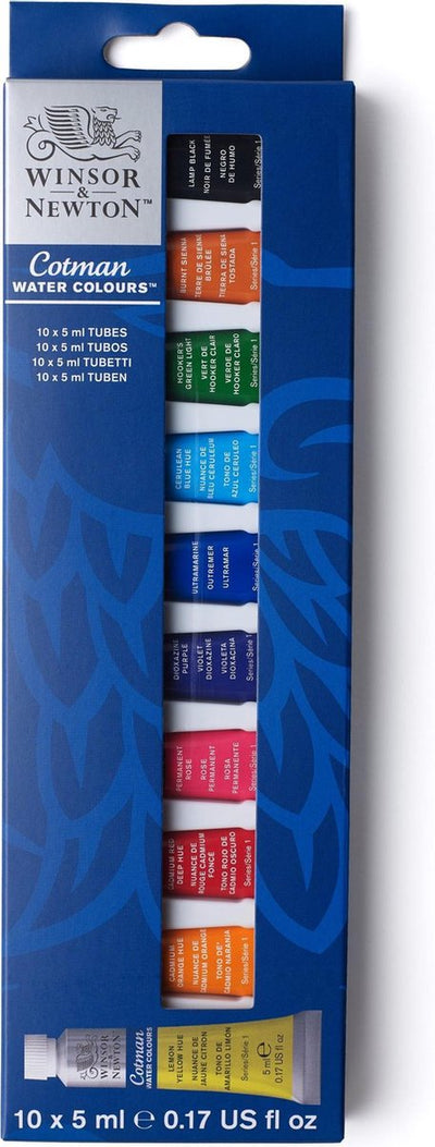 Winsor Newton 0390664 Cotman Aquarellfarben-Set – Einsteigerset 10 x 5 ml – Essentielle Aquarellfarben mit hochwertigen Pigmenten