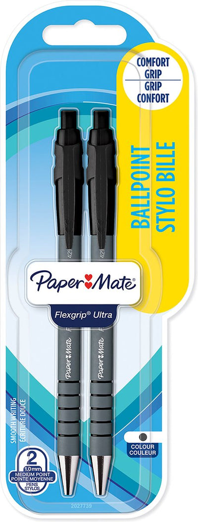 Paper Mate Flexgrip Ultra Kugelschreiber mit Druckknopf | mittlere Spitze (1,0 mm) | schwarz | 2 Stk