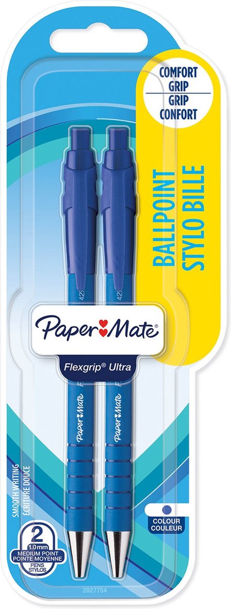 Paper Mate Flexgrip Ultra Kugelschreiber mit Druckknopf | mittlere Spitze (1,0 mm) | blau | 2 Stk