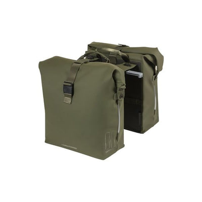 Basil SoHo Doppel-Fahrradtasche Nordlicht MIK – wasserdichte, grüne Fahrradtasche mit LED-Beleuchtung, 41L