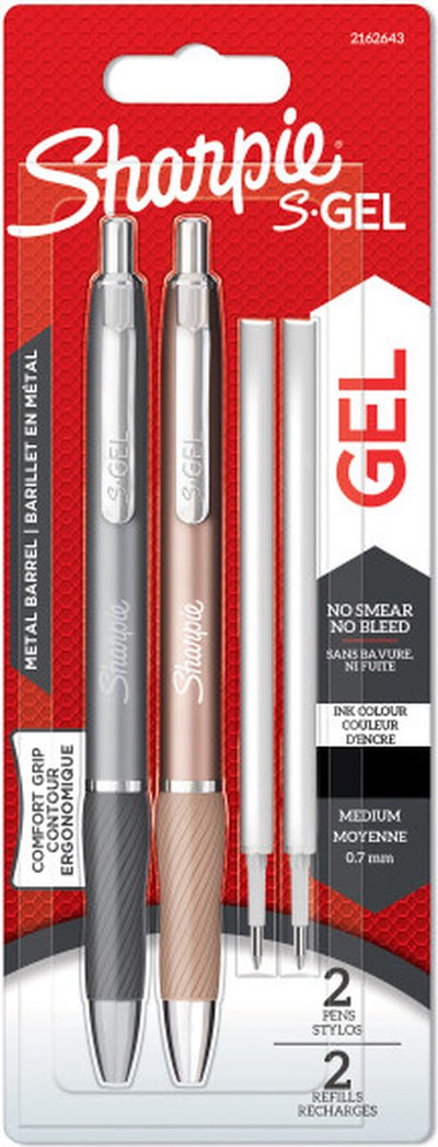 Sharpies Gel | Gelstifte aus Metall | mittlere Spitze (0,7 mm) | Stahlgrau und Rotgold | schwarze Tinte | 2 Stifte und 2 Gelstift-Nachfüllungen