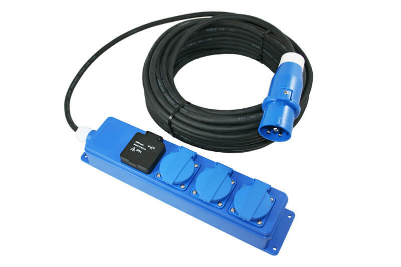 Quatro Unit CEE 3-Wege-Schuko-Steckdosenleiste und USB mit 20 Meter Kabel und CEE-Stecker