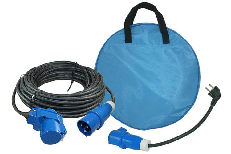 Ngk verleabel 25 Meter Neopren 3x 1,5mm² - CEE-Stecker und Winkelkupplung - mit französischem Adapterkabel - in Kabeltasche