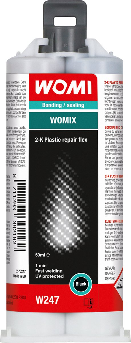 Womi W247 2K Kunststoff-Reparaturflex – 50 ml schwarz – flexible Kunststoffreparatur – starke 2K-Haftung – professionelles Finish