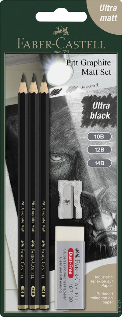 Faber-Castell Graphitstift-Set – Pitt Matt – Set mit 3 Bleistiften 10b-12b-14b und Zubehör – fc-115297
