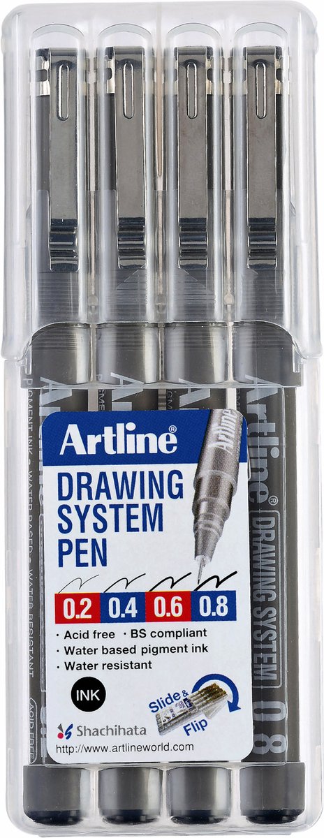Artline-Zeichensystem – 1 x Set mit 4 Finelinern – Strichstärken 0,2–0,4–0,6–0,8 mm – Schwarz