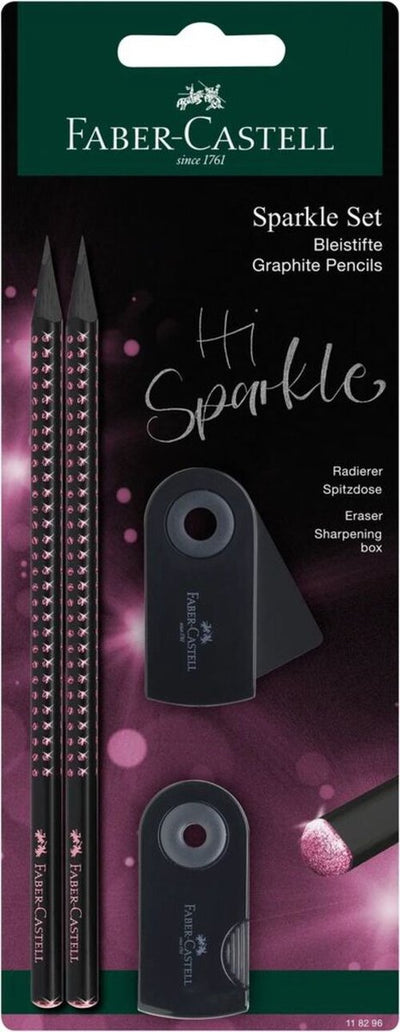 Faber-Castell Bleistiftset – Grip Sparkle Midnight – 4-teilig im Blister – 2x Graphitstift + Radiergummi + Spitzer – Pink – FC-118296