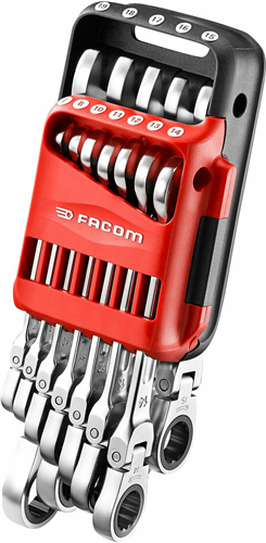 Facom Ratschen-Maulschlüsselsatz mit Scharnier und rutschfestem Griff, metrisch, im Halter