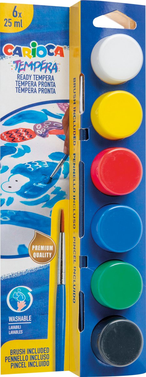 Carioca Gouachefarbe Tempera – Grundfarben – 6 x 25 ml – inklusive Pinsel – auswaschbar – Gouachefarben-Set für Kinder – gebrauchsfertig