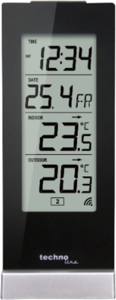 Technoline Wetterstation – WS 9767 – 64 x 165 x 45 mm – Hochglanz-Schwarz-Silber – mit 1 Außensensor 30 m – TL-WS9767