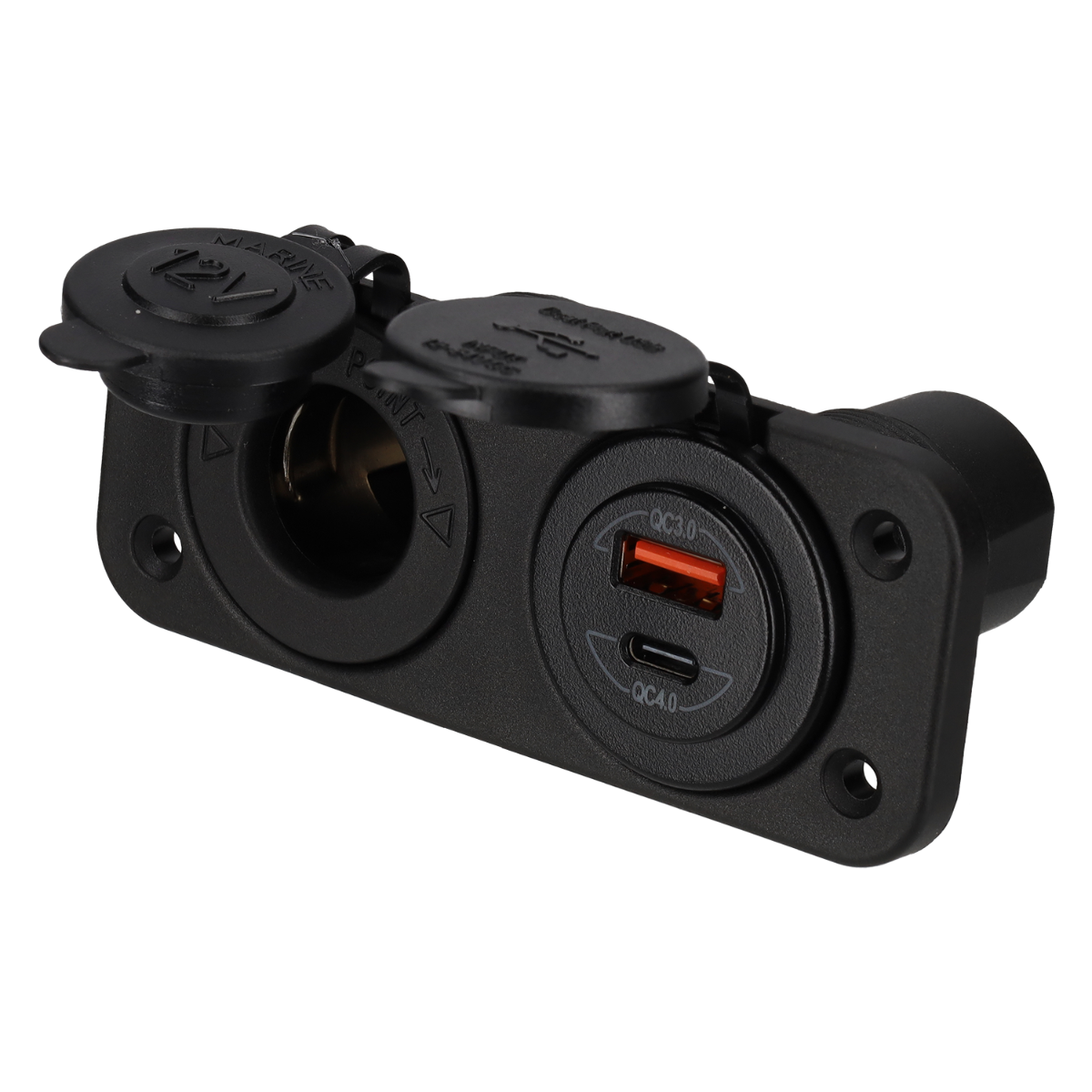 Stromleitung 12-Volt-Uni-Steckdose und USB-A + USB-C-Ladegerät – integriert