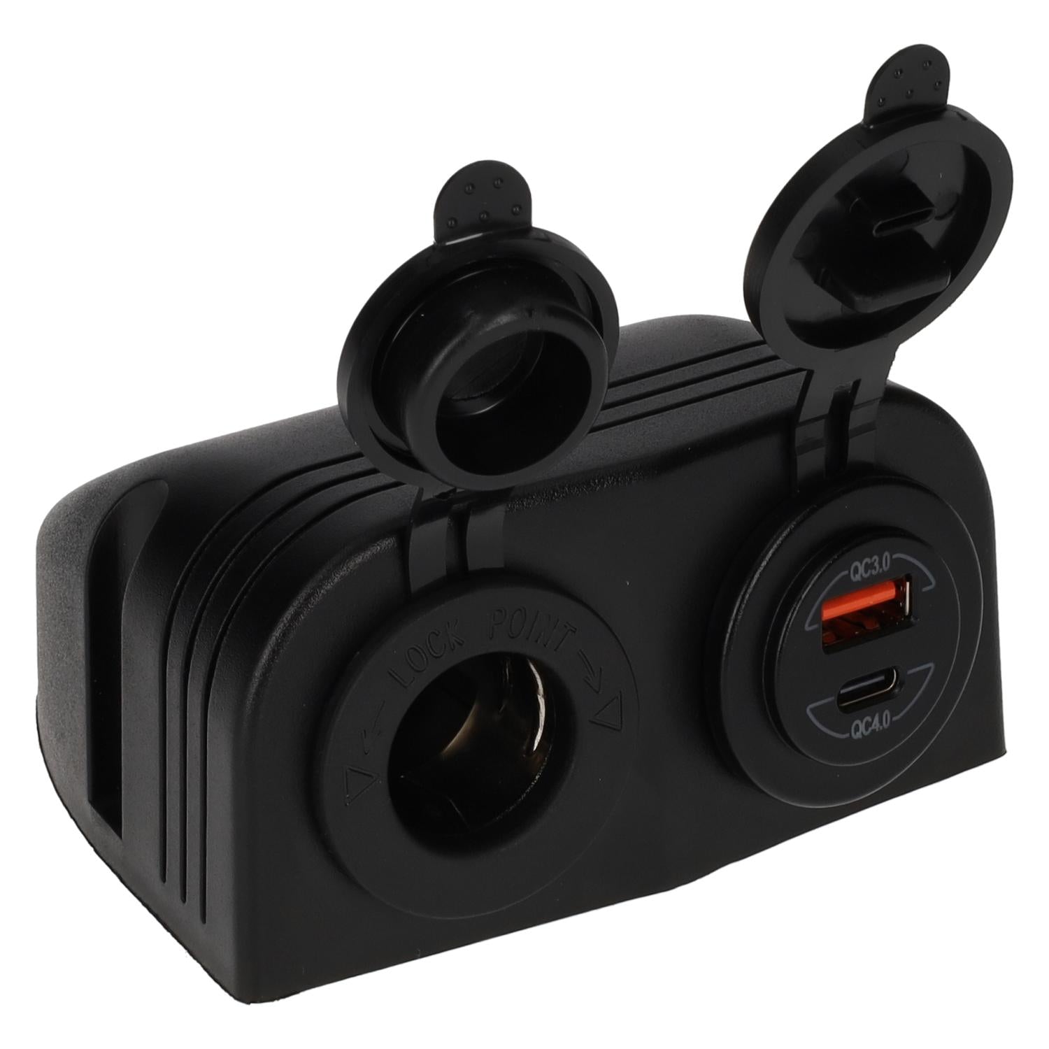 Stromleitung 12-Volt-Uni-Steckdose und USB-A + USB-C-Ladegerät – Aufputzmontage