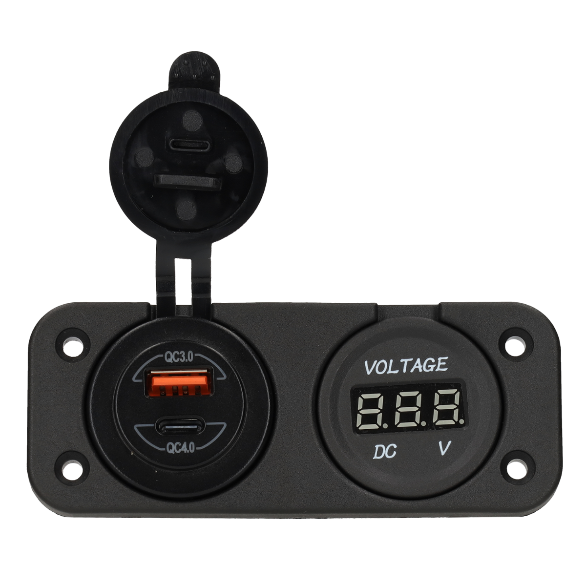 Stromleitungs-Digitalvoltmeter 10–30 V und USB-A + USB-C-Ladegerät – integriert