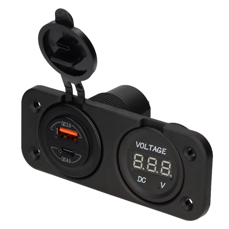 Stromleitungs-Digitalvoltmeter 10–30 V und USB-A + USB-C-Ladegerät – integriert